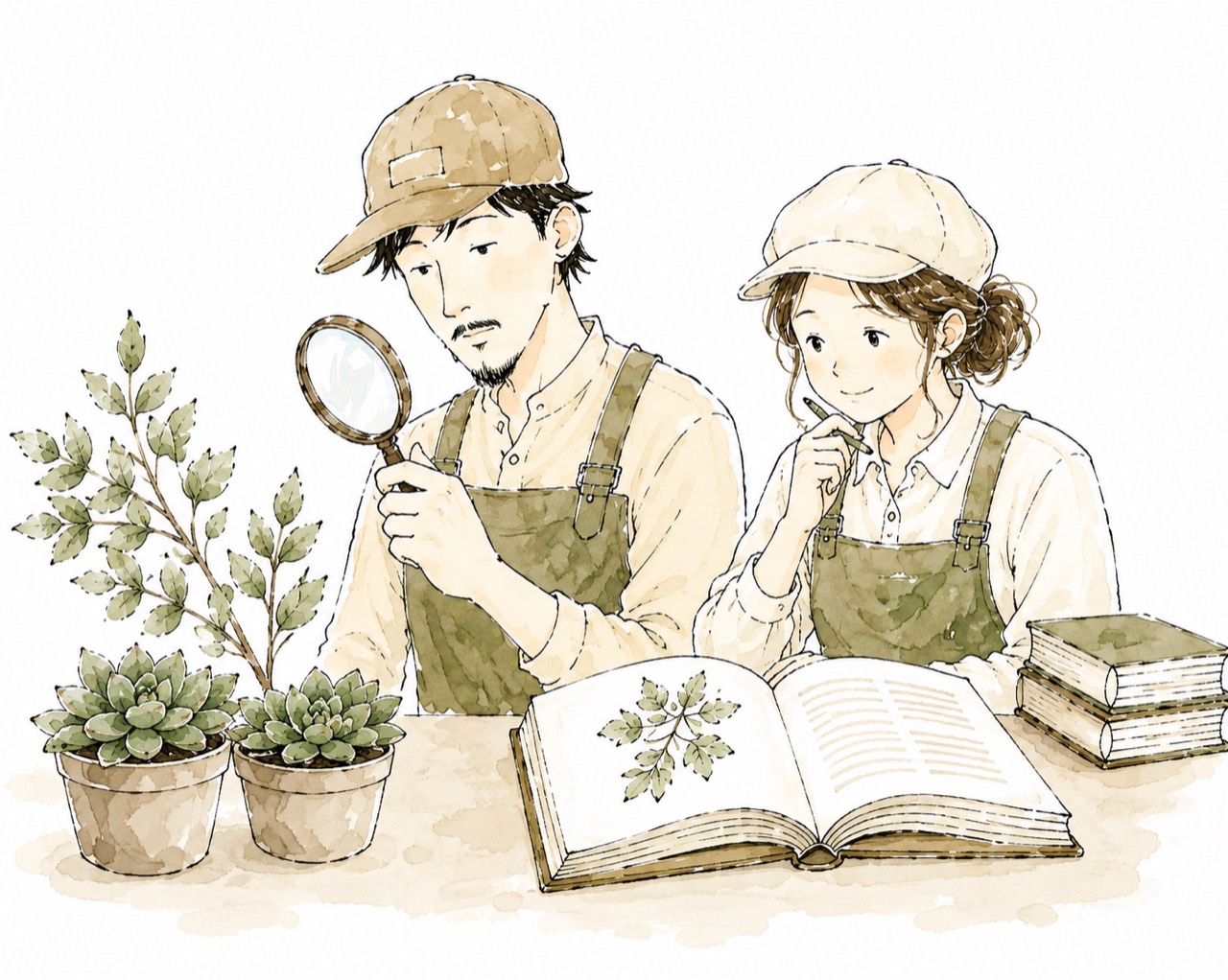 植物と本を前に多肉植物を調べる夫婦の水彩イラスト